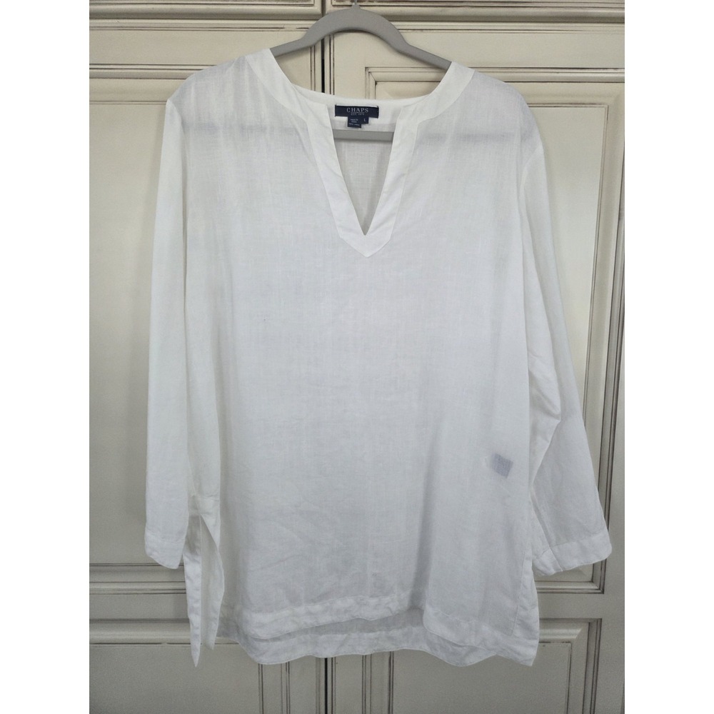 Chaps Linen Tunic Top Women's Large Boho Cottagecore Classuc Crisp Elevated